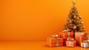 ai genererad en ljus orange bakgrund med en små jul träd och en få gåva lådor placerad runt om den foto