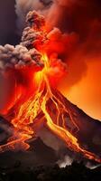 ai genererad en vulkan utbrott i en eldig visa av smält lava och aska foto