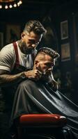 ai genererad barberare trimning en klientens hår med elektrisk klippare, fångande de rörelse foto