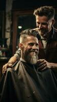 ai genererad barberare trimning en klientens hår med elektrisk klippare, fångande de rörelse foto