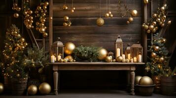 ai genererad en värma och inbjudande jul uppstart med gyllene ornament, grönska, och en rustik trä bakgrund foto