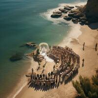 ai genererad en fantastisk antenn skott av en bröllop ceremoni tar plats på en pittoresk strand foto