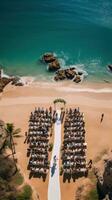 ai genererad en fantastisk antenn skott av en bröllop ceremoni tar plats på en pittoresk strand foto