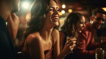 ai genererad ung kvinna innehav en cocktail glas och skrattande med henne vänner på en tabell, exklusiva nattklubb foto