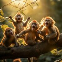 ai genererad apor svängande från träd till träd, deras hårig kroppar och lång svansar skapande en livlig scen foto