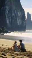 ai genererad en familj har en picknick på en avskild strand, med en bakgrund av höga klippor och kraschar vågor foto