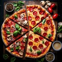 ai genererad annorlunda typer av pizza, Inklusive klassisk margherita, pepperoni, och svamp foto