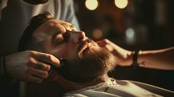 ai genererad frisörer hand innehav en hetero rakapparat redo till rakning en klientens skägg foto