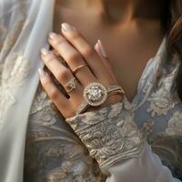 ai genererad en närbild av en brudens hand visa upp henne invecklad engagemang ringa och bröllop band. foto