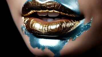ai genererad en lekfull bild av en kvinnas mun överdragen i metallisk läppstift foto