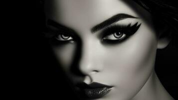 ai genererad en svart och vit bild av en modellens ansikte med en dramatisk bevingad eyeliner och lång fransarna foto