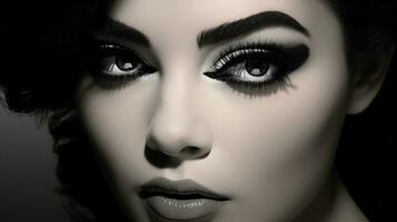 ai genererad en svart och vit bild av en modellens ansikte med en dramatisk bevingad eyeliner och lång fransarna foto