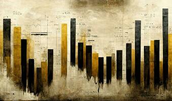 ai genererad generativ ai, svart och gyllene vattenfärg abstrakt stock marknadsföra diagram målad bakgrund. bläck svart gata graffiti konst på en texturerad papper årgång bakgrund, tvättar och borsta stroke foto