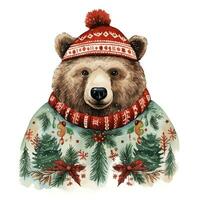ai genererad generativ ai, söt vild Björn djur, jul hatt och ful tröjor, vattenfärg stil. foto