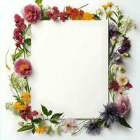 ai genererad sommar blommor gräns inbjudan mall kort på en vit bakgrund. hög kvalitet. ai generativ foto