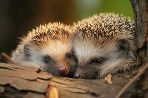 ai genererad igelkottar, erinaceus europaeus. stänga upp av två vild, inföding europeisk igelkottar foto