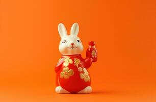 ai genererad en kanin innehav en flaska på en röd bakgrund, foto