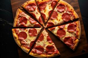 ai genererad en pizza skära in i bitar med pepperoni, kuslig kombinationer foto