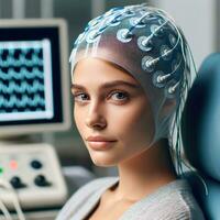 ai genererad en ung caucasian kvinna patient genomgå eeg undersökning. generativ ai. foto