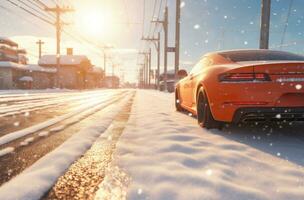ai genererad bild av bil körning en snöig gata, foto