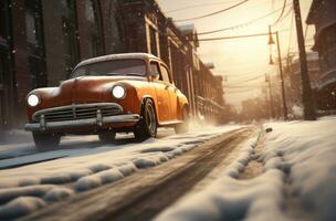 ai genererad bild av bil körning en snöig gata, foto