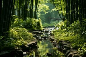 ai genererad strömmande vatten i en bambu lund, japansk stil trädgård foto