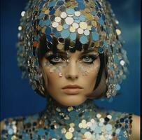 ai genererad glamour modell med konfetti huvud, foto