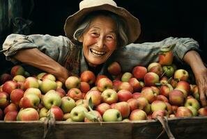 ai genererad ett äldre kvinna i de mitten av en bricka full av äpplen, foto