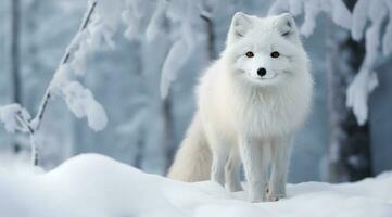 ai genererad en vit räv på snö i de bakgrund, foto