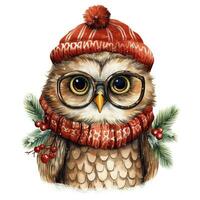 ai genererad generativ ai, söt vild Uggla fågel, jul hatt och ful tröjor, vattenfärg stil. foto