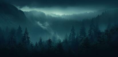 ai genererad en dimmig skog i de dimma, foto