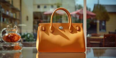 ai genererad en brun läder handväska i de fönster av en handla Lagra, foto