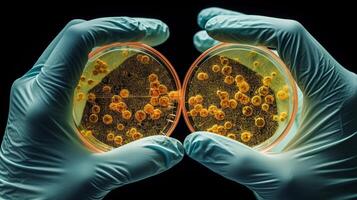 bakterie petri maträtter innehav labb handskar ai genererad bioteknik närbild bild foto