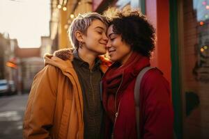 ai genererad HBTQ lesbisk par kärlek stunder happiness.lgbt relation begrepp foto