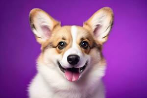 ai genererad söt welsh corgi hund på en lila bakgrund foto