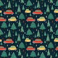 ai genererad en jul mönster med bilar och träd, sömlös mönster bakgrund foto