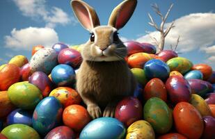 ai genererad de liten kanin är Sammanträde bland många färgad ägg, foto