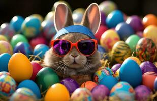 ai genererad kanin i glasögon stående bland ton av färgad påsk ägg, foto