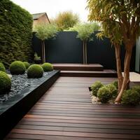 ai genererad minimalistisk trädgård design med en slående trä- däck foto