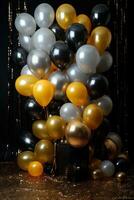 ai genererad ny år med detta vibrerande bakgrund terar metallisk guld och silver- ballonger mot en svart foto