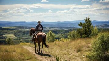 ai genererad en ryttare och häst korsar en lindning berg spår, med fantastisk visningar av landskap foto