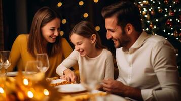 ai genererad Lycklig familj på jul middag, vit och guld foto