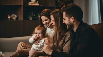 ai genererad en ung familj av tre, med en bebis i de fars vapen, tittar på en komedi visa på TV foto