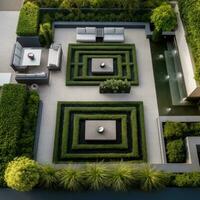 ai genererad en fantastisk antenn skott av en modern trädgård design terar en geometrisk mönster av häckar. foto