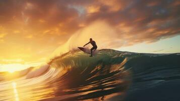 ai genererad en surfare ridning en Vinka i de hav, med de Sol miljö Bakom dem foto