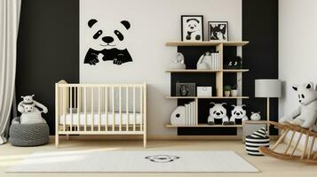 ai genererad en modern barns rum med en svart och vit Färg schema, en trä- spjälsäng med en vit spjälsäng ark foto