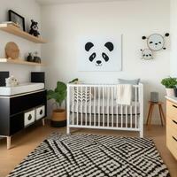 ai genererad en modern barns rum med en svart och vit Färg schema, en trä- spjälsäng med en vit spjälsäng ark foto