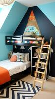 ai genererad en roligt barns rum med en blå accent vägg, en trä- loft säng med en stege foto