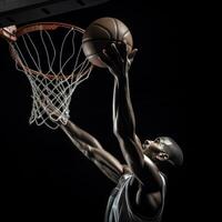 ai genererad en basketboll spelare dunking de boll, med de netto och de fälg synlig foto