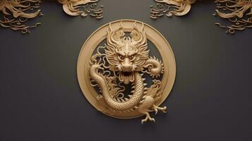 ai genererad minimalistisk kinesisk bakgrund med guld drake och nationell prydnad stor copy område. foto
